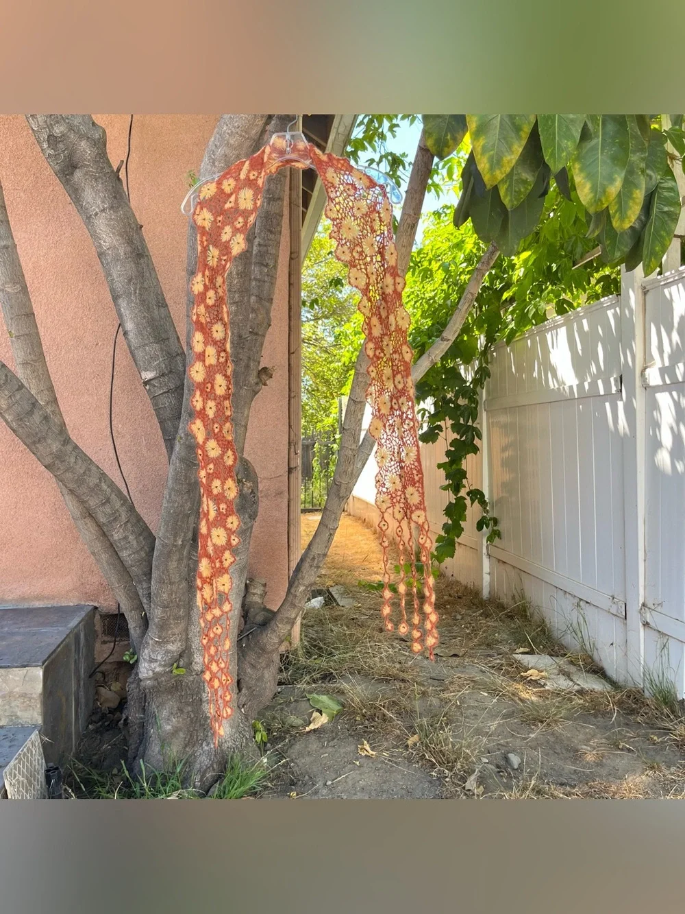 Rust & Yellow Floral Crochet Scarf with Beaded Details & Fringe.